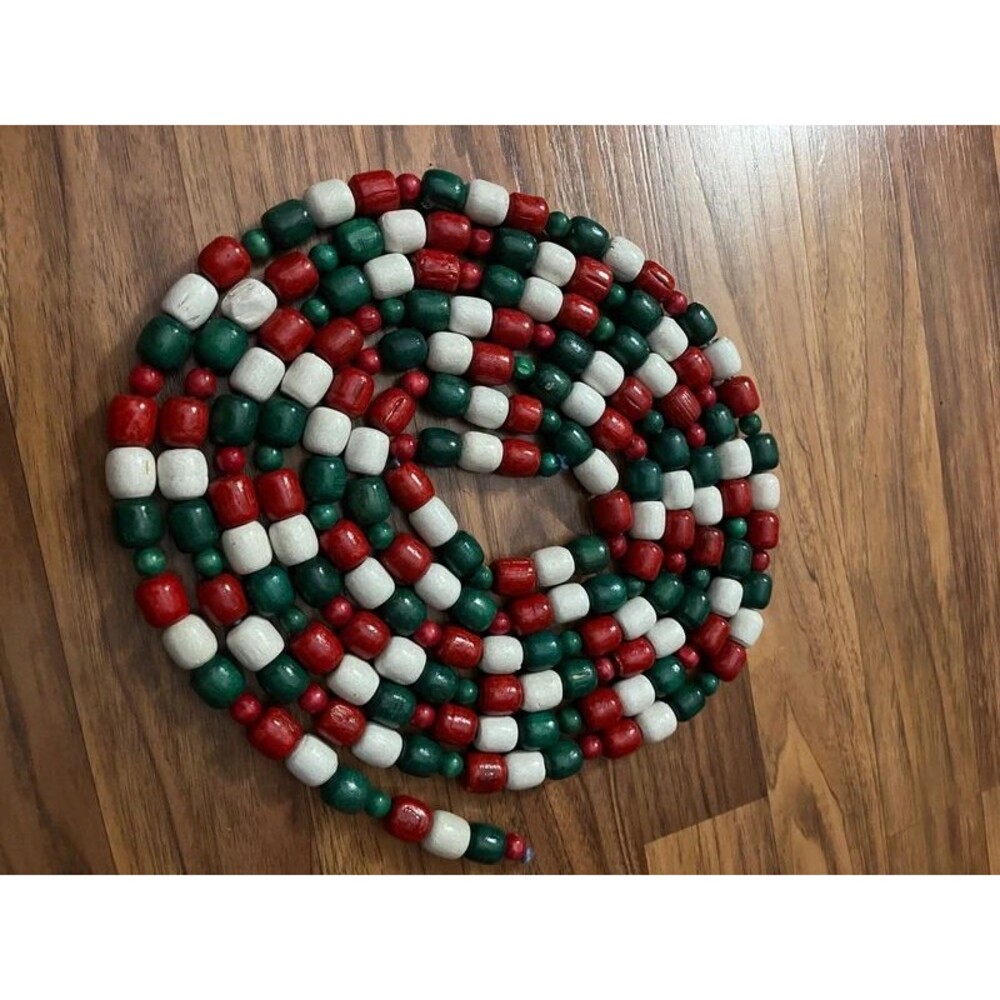 1 Strand Vintage Style Christmas Wooden Bead Garland Red Green White 11ft